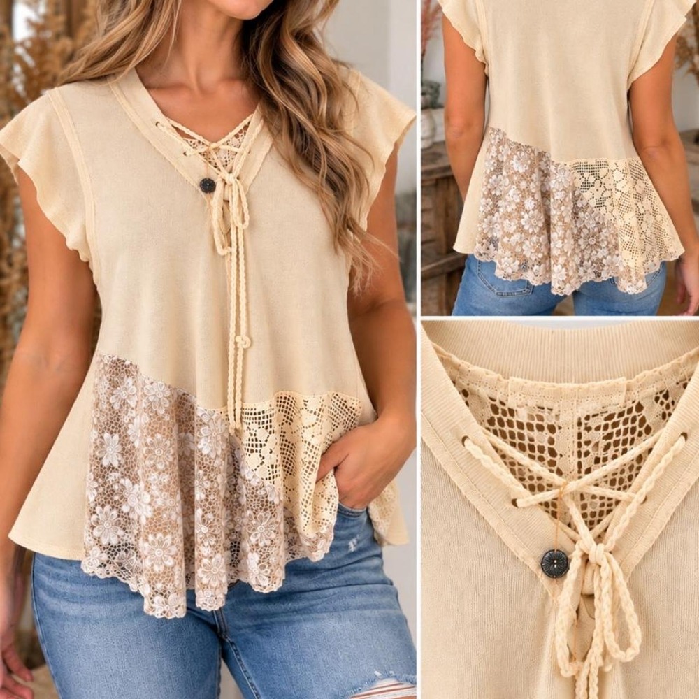 ✨ Gimmicks Cream Boho Lace-Trim Top